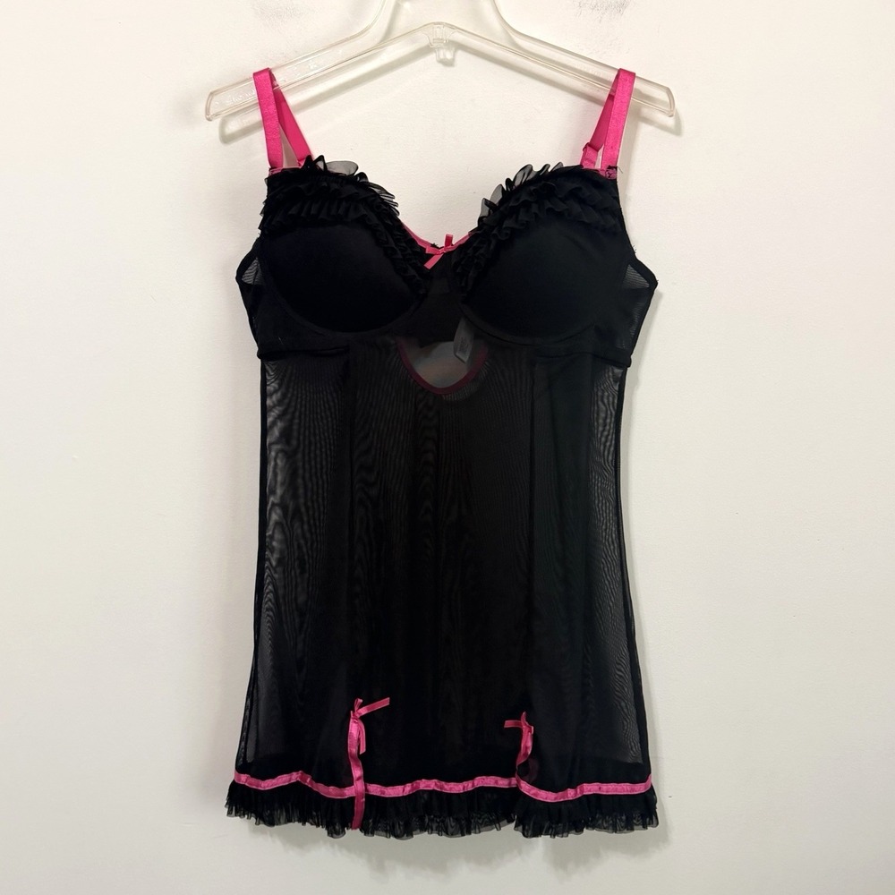 Victorias Secret Babydoll Chemise 1X Sheer Mesh Underwire Nightie Sexy Black